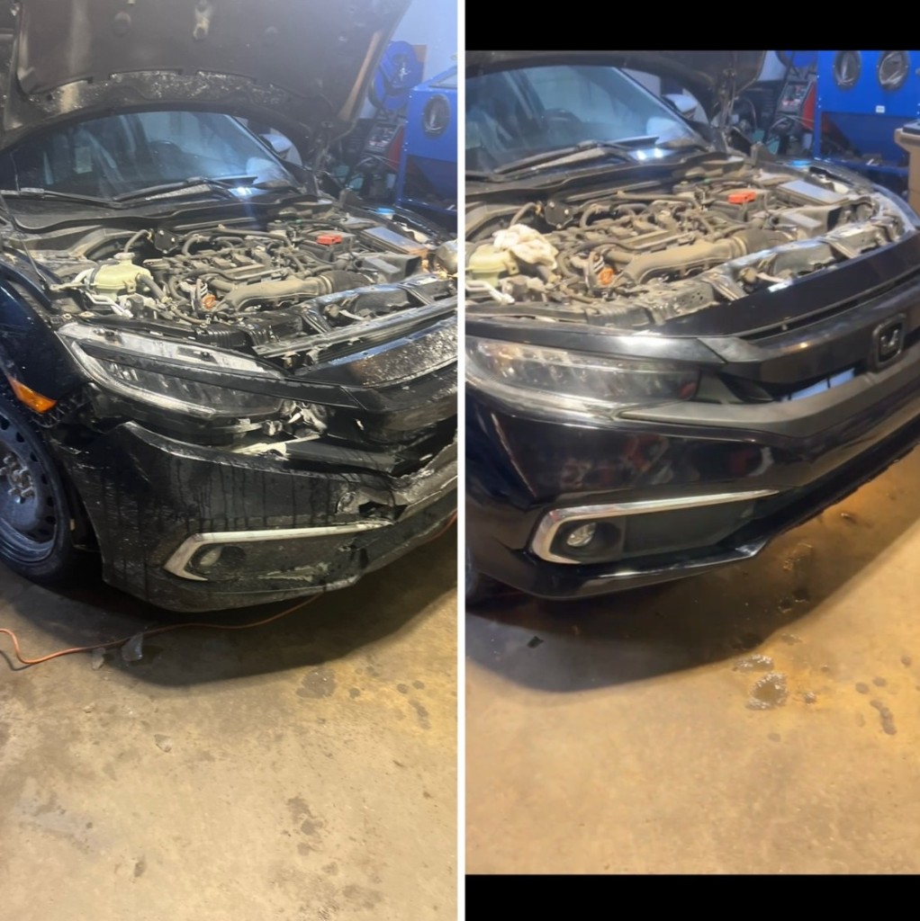 Honda Civic front bumper cracked and detached, then repaired and painted black