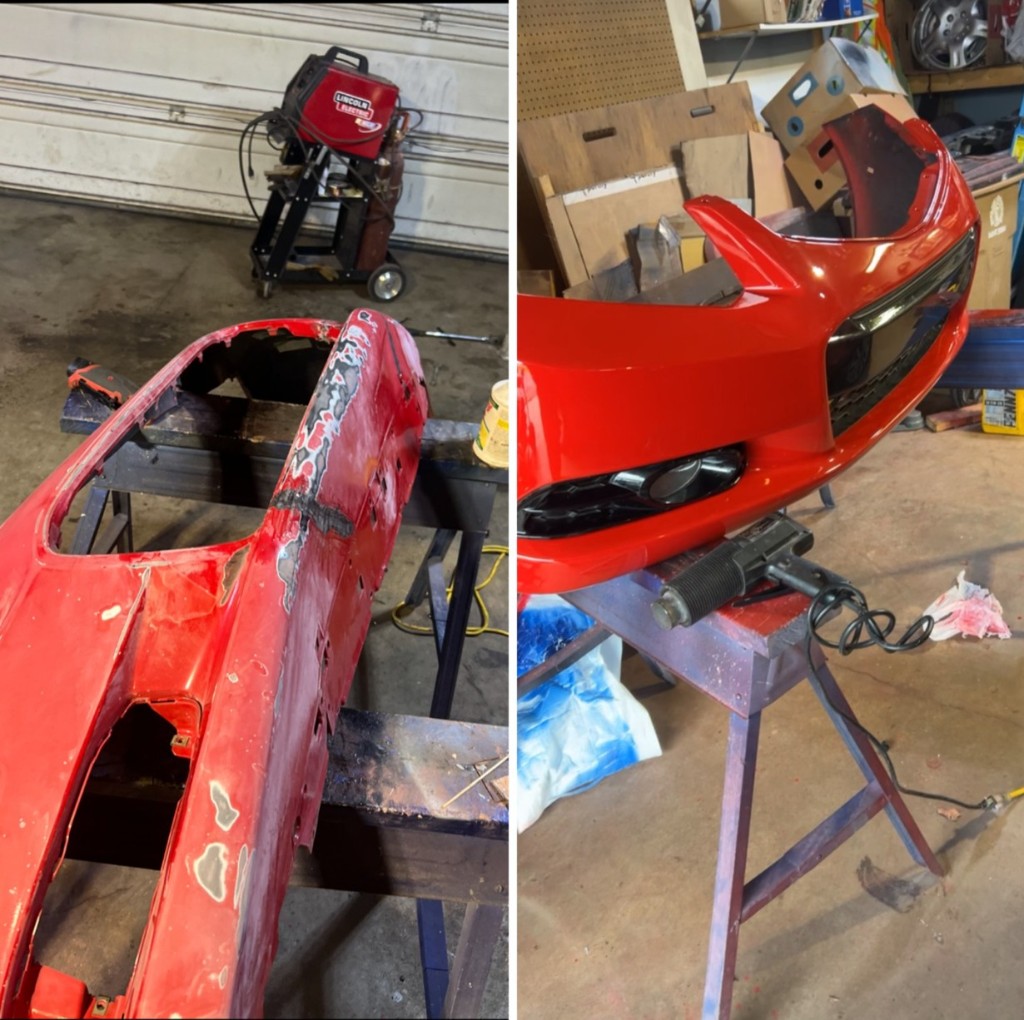 Red front bumper repaired and refinished, before and after